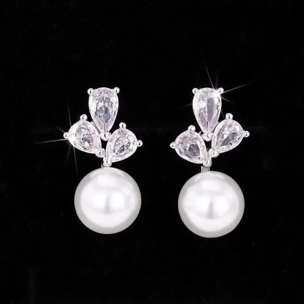 925 Sterling Silver Pearl Diamond Earrings Cute Pearl Studs